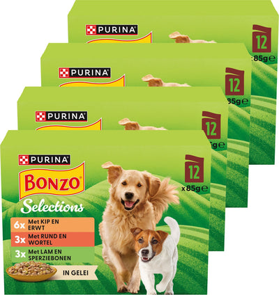 Bonzo selections maaltijdzakjes in gelei- hondenvoer natvoer - rund kip lam - 48 x 85 g