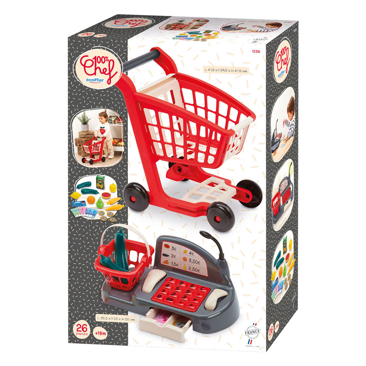 Ecoiffier 100% chef gevulde winkelwagen en kassa - 26dlg.