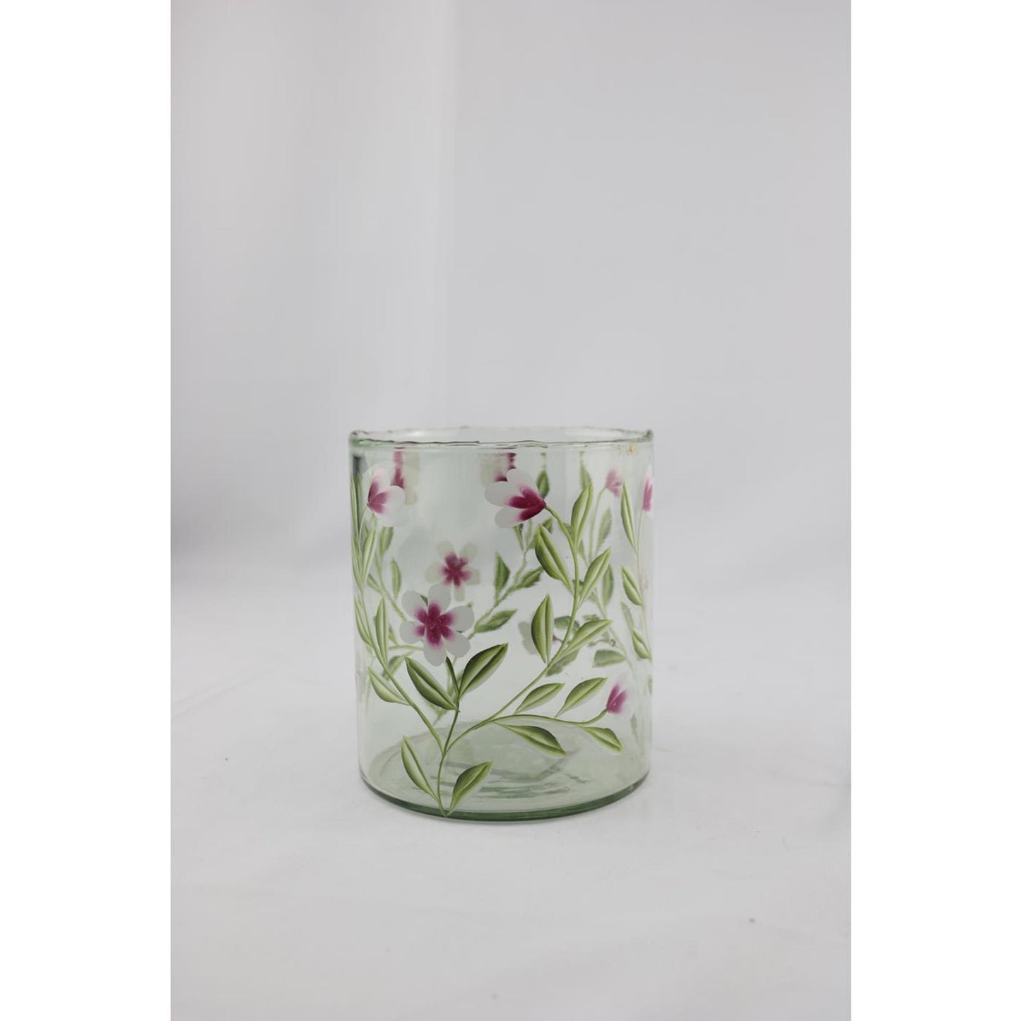 Mansion atmosphere windlicht glas met roze bloemen 13x13x15cm