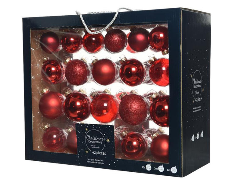 Decoris kerstballenset glas mix kerstrood 42 st.