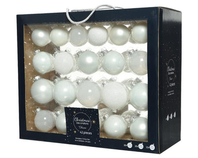 Decoris kerstballenset glas mix winterwit 42st
