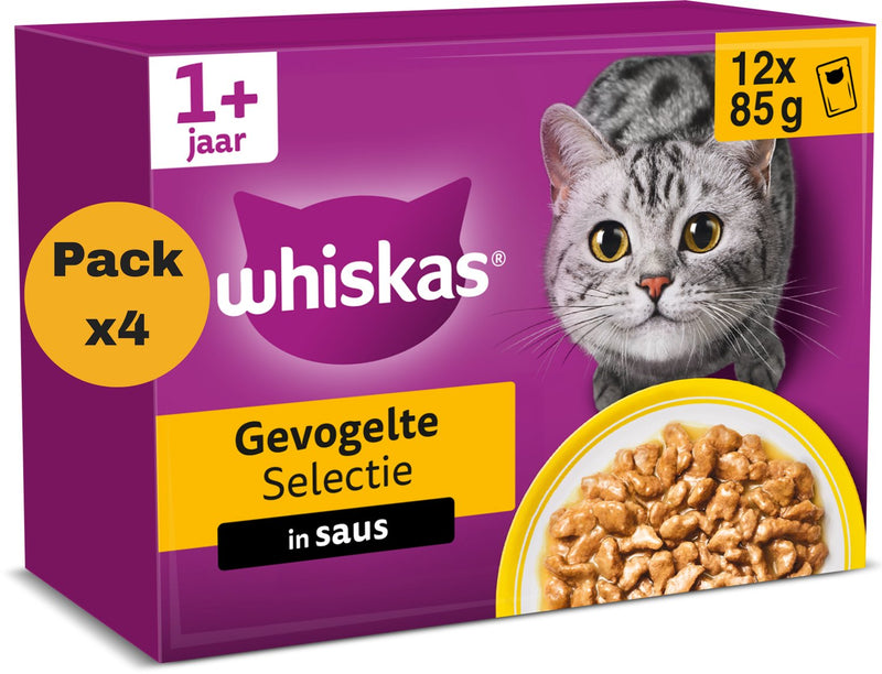 Whiskas kattenvoer - adult 1+ - gevogelte selectie in saus - 4x12x85g