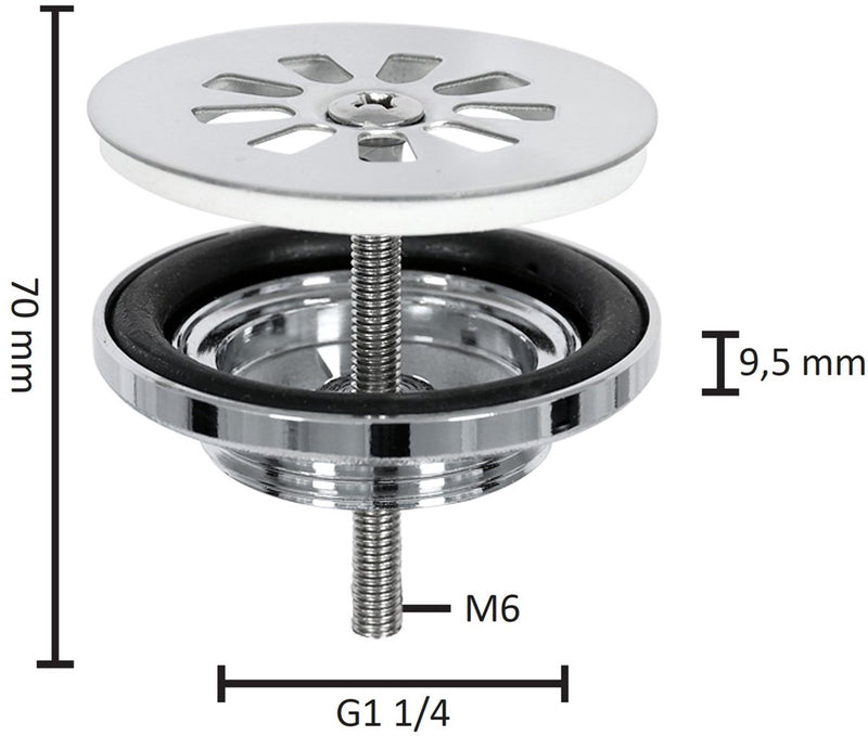 Differnz afvoerplug - chroom - afvoerstop voor wastafel - gemaakt van messing - diameter 64 mm - eenvoudig te monteren - inclusief afdichtingsring - afmetingen 70 x 9.5 mm