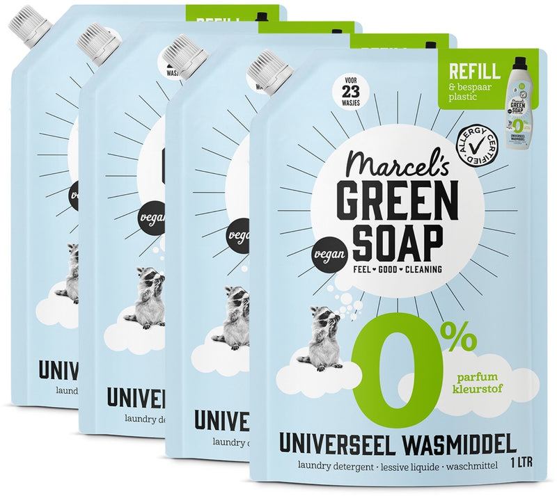 Marcel's green soap wasmiddel navulling - 0% - 4 x 1l - 92 wasbeurten - parfumvrij