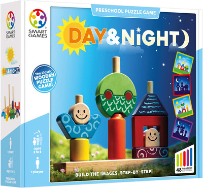 Smartgames day night - houten stapelspel vormenpuzzel - 48 educatieve opdrachten - solospel voor peuters kleuters - vanaf 1,5 jaar