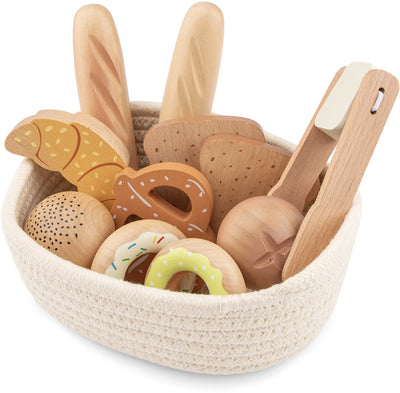 Woet ® houten broodmandje speelset - diverse broodjes gebak in mandje met tang - rollenspel bakkerswinkel - speelgoedkeuken accessoires voor kinderen - vanaf 2 jaar