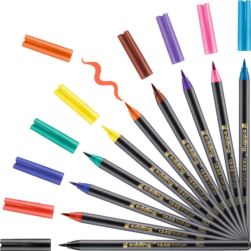 Edding 1340 brushpennen in etui - 10 kleuren set - 1-3mm - de inkt is op waterbasis - o.a. geschikt voor papier en karton