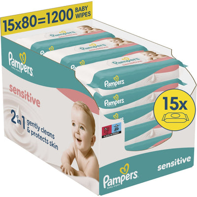 Pampers sensitive - billendoekjes - zonder parfum - voor een zachte en milde reiniging - 15 verpakkingen van 80 doekjes = 1200 babydoekjes