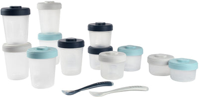Béaba bewaarpotjes babyvoeding set van 12 - 2 x 90 ml, 4 x 150 ml en 6 x 250 ml met 2 siliconen lepels - hermetisch en lekvrij voor in de luiertas - stapelbaar met labelzone - geschikt voor vriezer, magnetron en babycook - blauw grijs