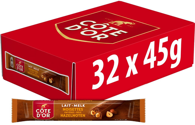 Cote d'or côte d'or chocolade reep melk hele hazelnoten doos 32 x 45g repen - chocoladerepen en tabletten - chocoladebar - chocolade om uit te delen - voorraad - cadeau