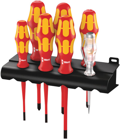 Wera 160 is 7 schroevendraaierset kraftform plus serie 100 (rood geel, eenpolige fasetester, houder, 7‑delig)