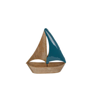 Sculptuur boot sail small blauw naturel mango 25x23x3 cm