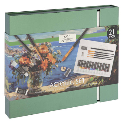 Nassau fine art schilderen starterset acrylverf 21pcs - hobbyverf met penselen - acrylverf tubes - giftset