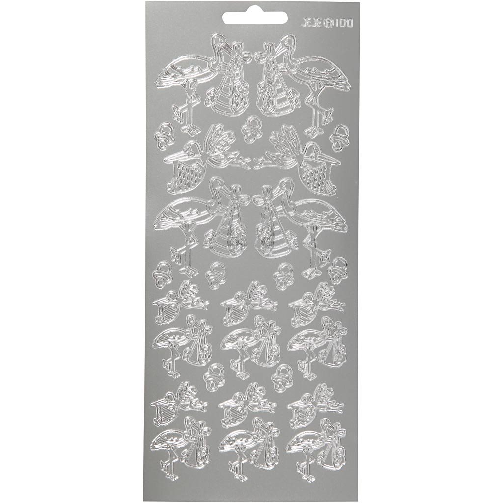 Stickers, ooievaar met baby, vel 10x23 cm, zilver, 1 vel
