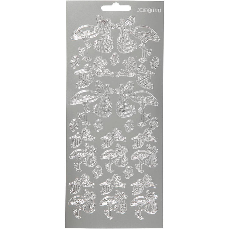 Stickers, ooievaar met baby, vel 10x23 cm, zilver, 1 vel