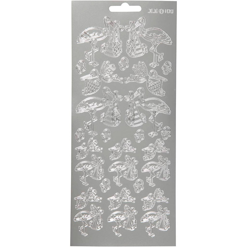 Stickers, ooievaar met baby, vel 10x23 cm, zilver, 1 vel