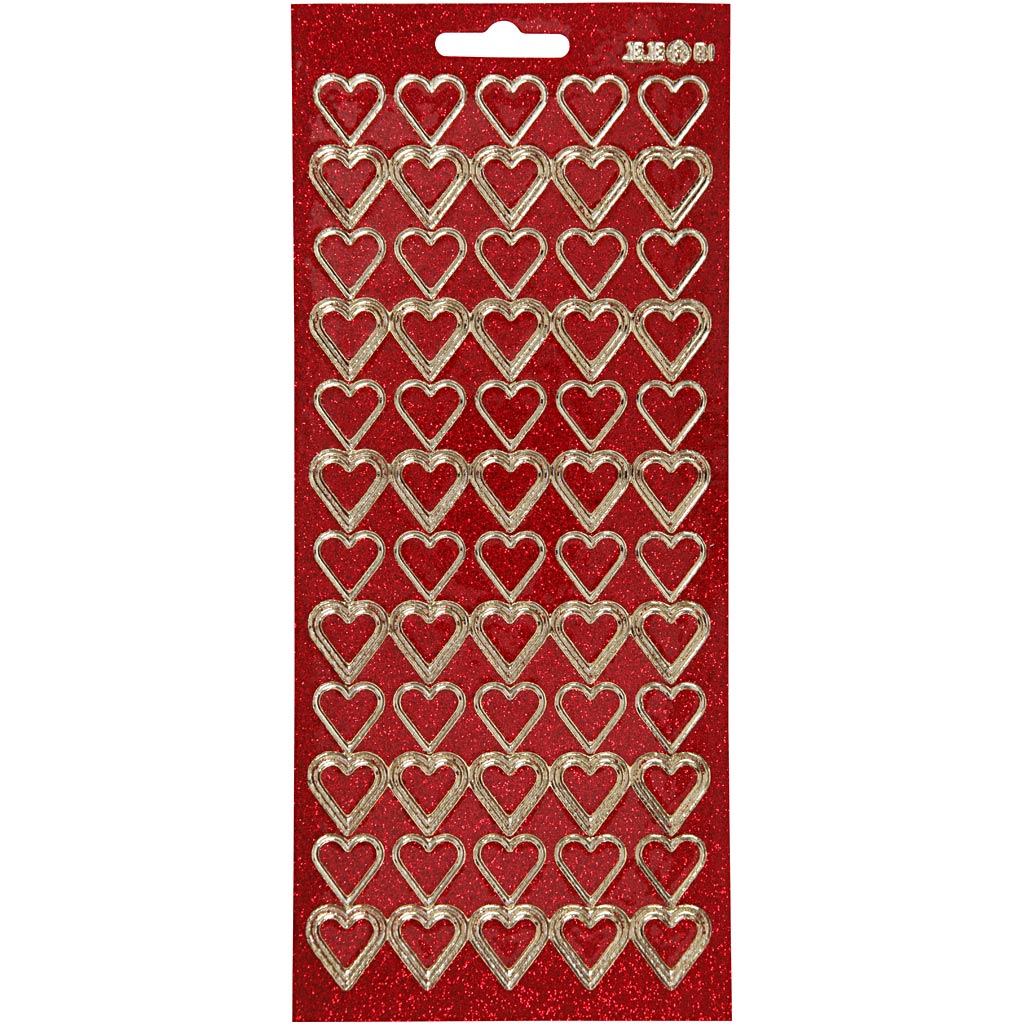 Stickers, harten, vel 10x23 cm, goud, rood glitter, 1 vel