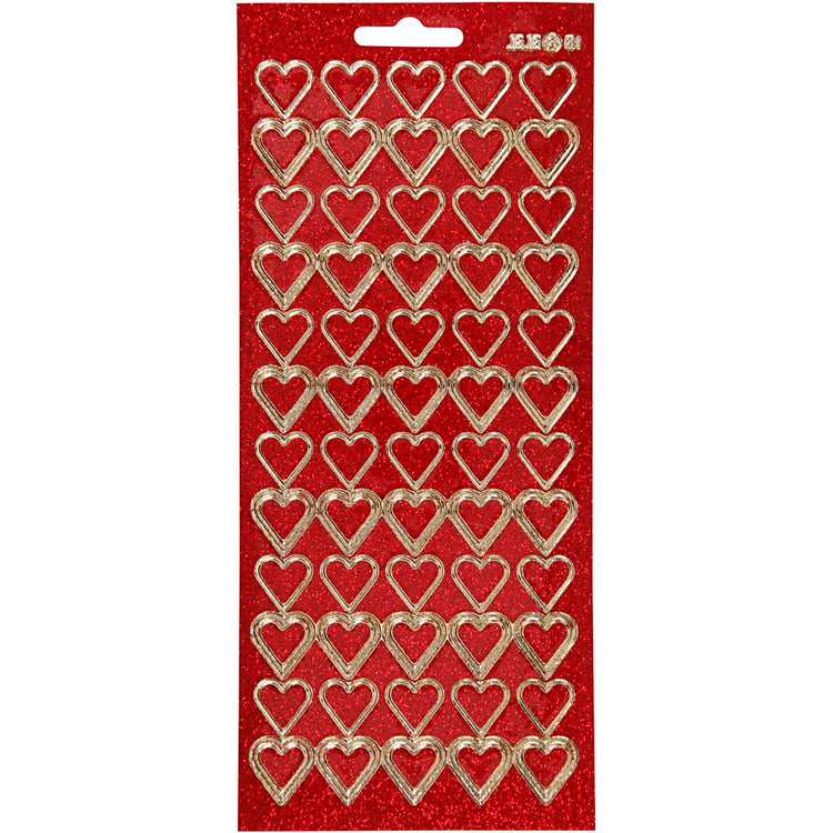 Stickers, harten, vel 10x23 cm, goud, rood glitter, 1 vel
