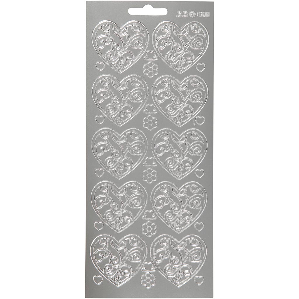 Stickers, harten, vel 10x23 cm, zilver, 1 vel