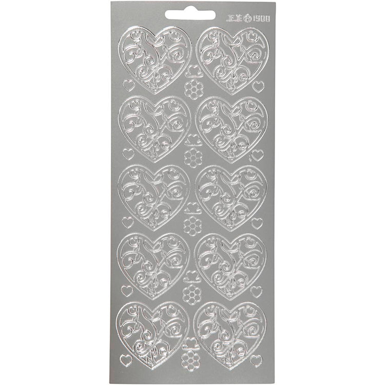 Stickers, harten, vel 10x23 cm, zilver, 1 vel