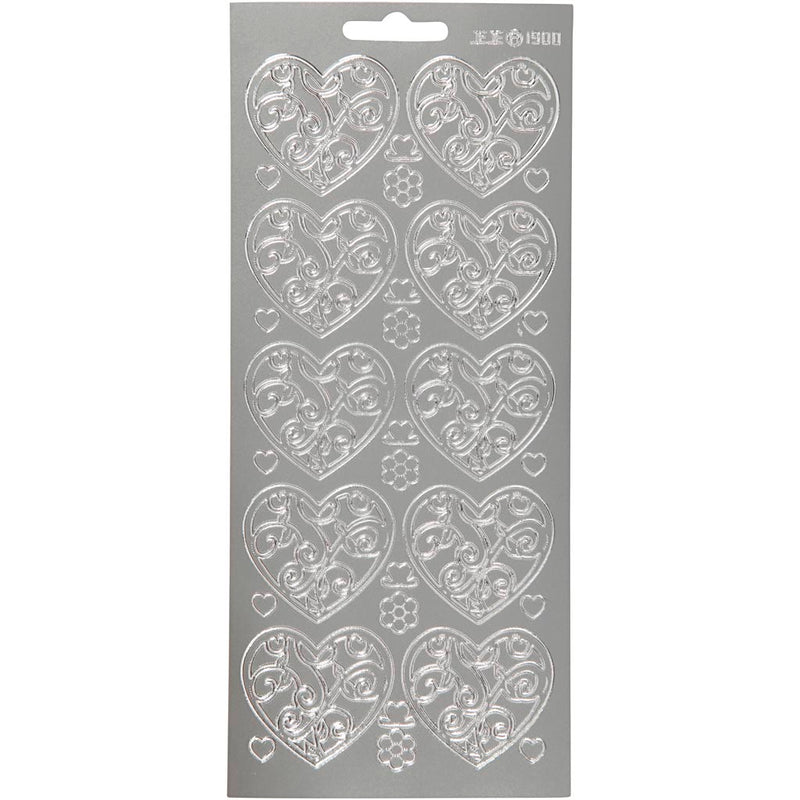 Stickers, harten, vel 10x23 cm, zilver, 1 vel