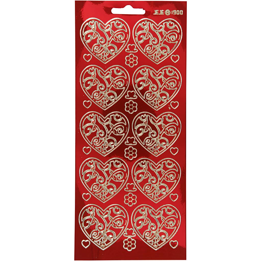 Stickers, harten, vel 10x23 cm, goud, transparant rood, 1 vel