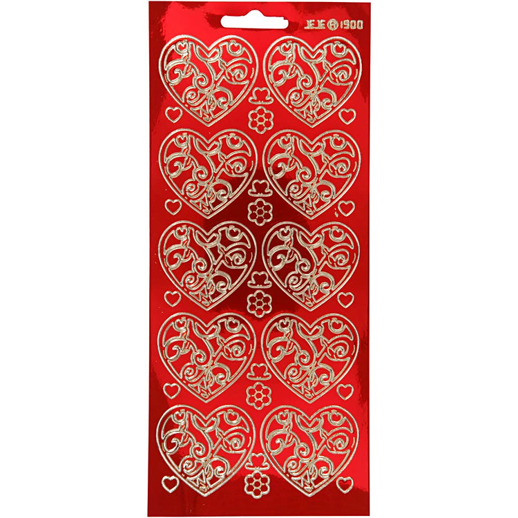 Stickers, harten, vel 10x23 cm, goud, transparant rood, 1 vel