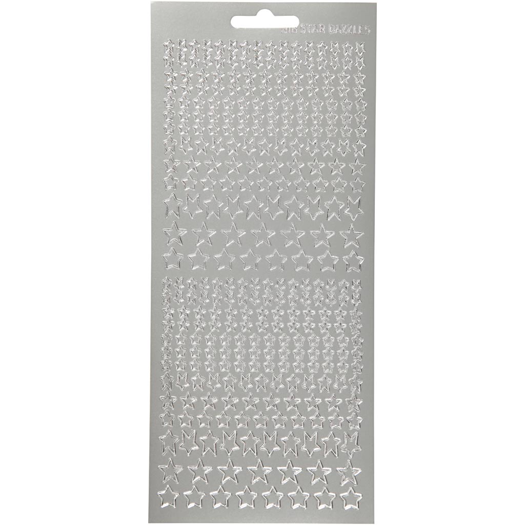 Stickers, sterren, vel 10x23 cm, zilver, 1 vel