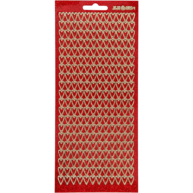 Stickers, harten, vel 10x23 cm, goud, rood glitter, 1 vel