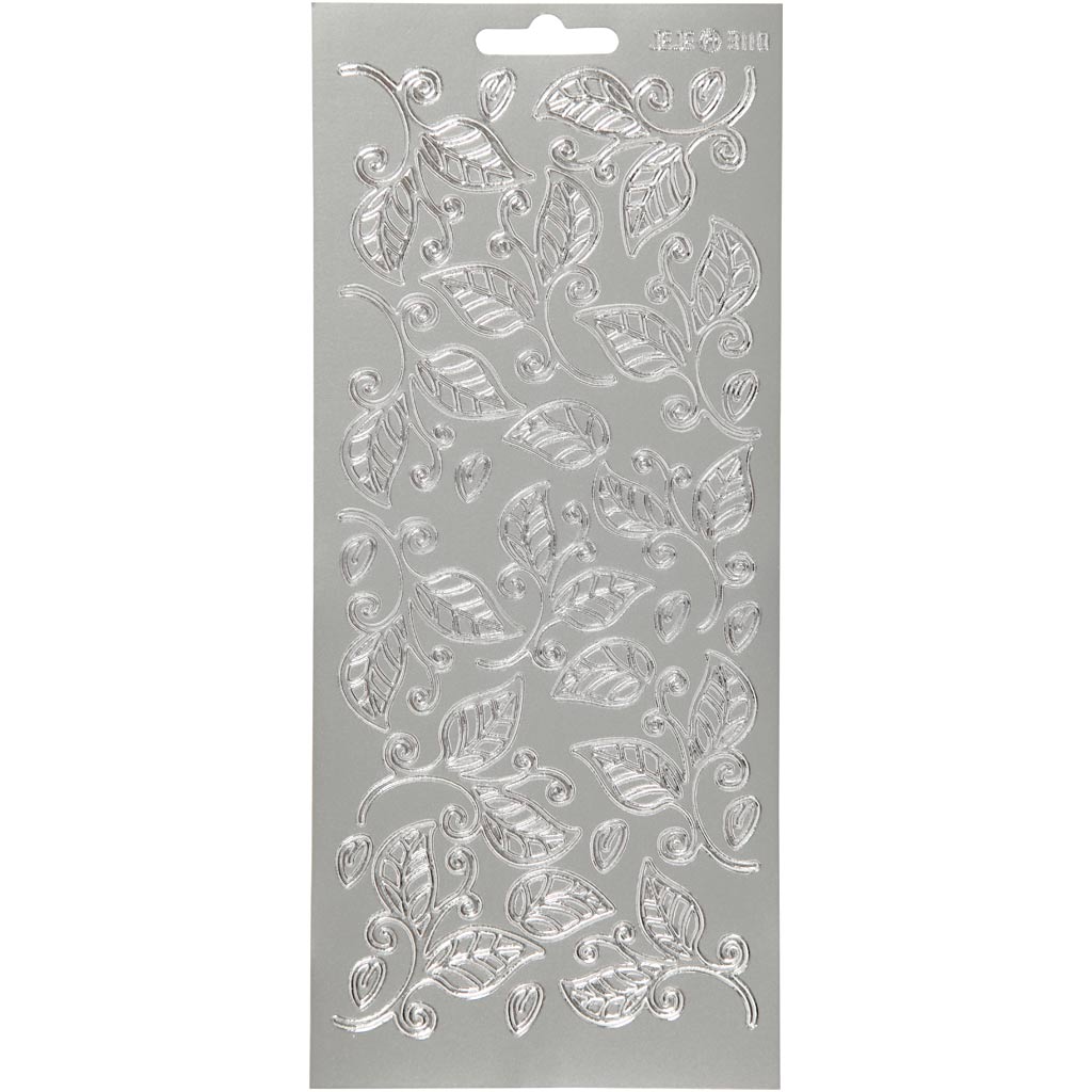 Stickers, bladeren, vel 10x23 cm, zilver, 1 vel