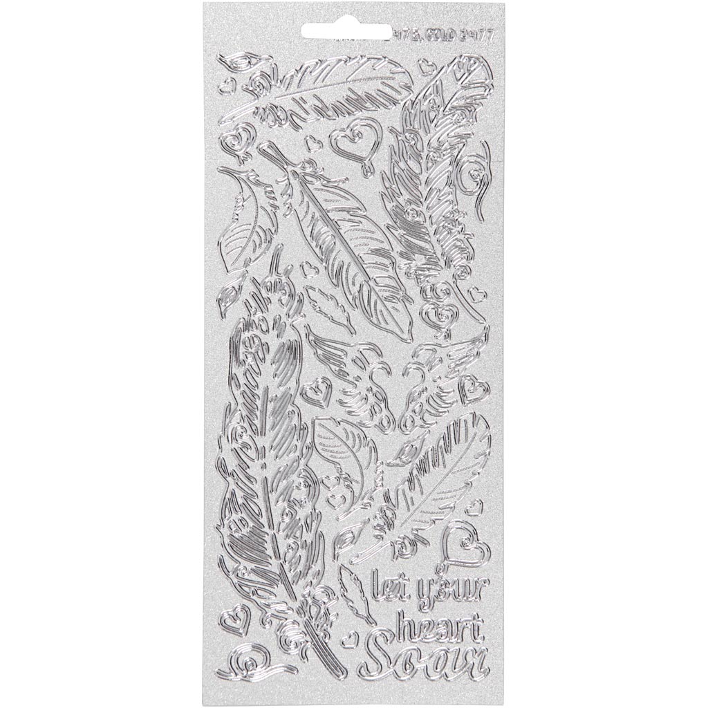 Stickers, veren, vel 10x23 cm, zilver, 1 vel