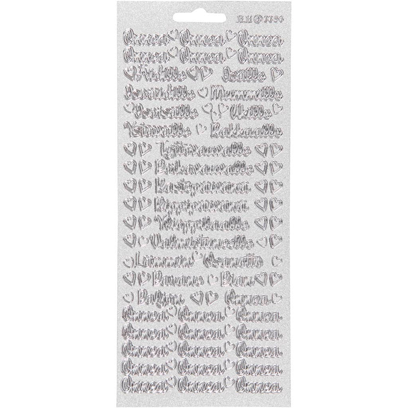 Stickers, onnea aidille, vel 10x23 cm, zilver, 1 vel