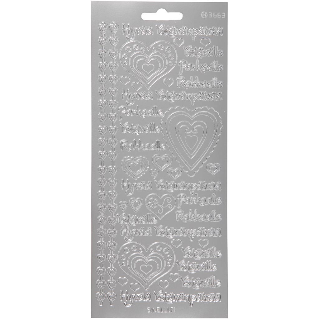 Stickers, hyvaa ystävänpäivää, vel 10x23 cm, zilver, 1 vel