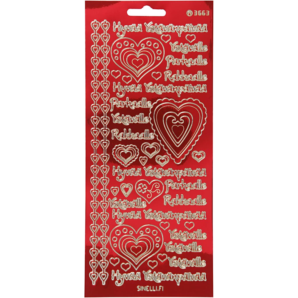 Stickers, hyvaa ystävänpäivää, vel 10x23 cm, goud, transparant rood, 1 vel