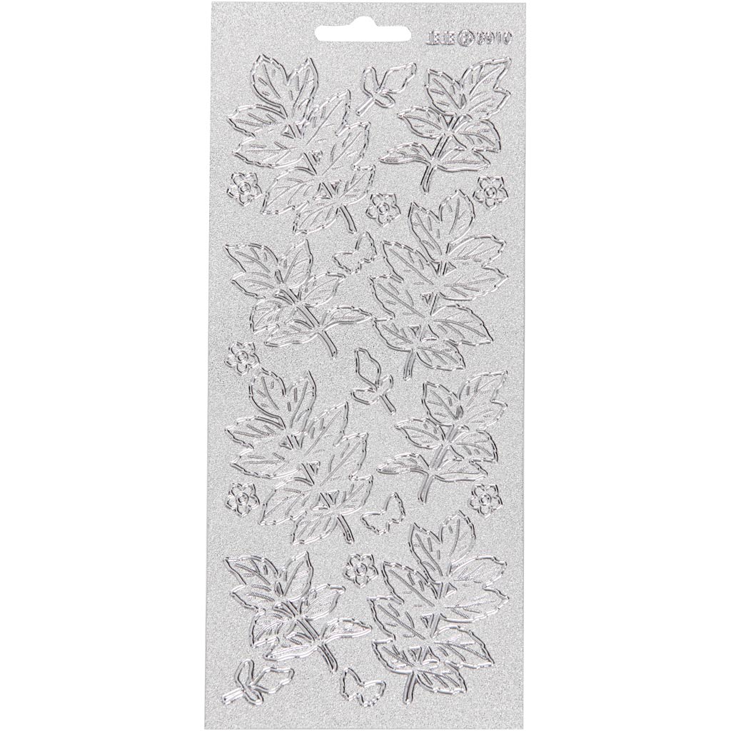 Stickers, bladeren, vel 10x23 cm, zilver, 1 vel