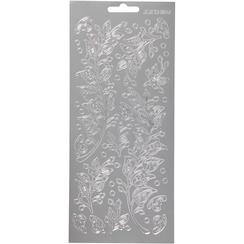 Stickers, bladeren, vel 10x23 cm, zilver, 1 vel