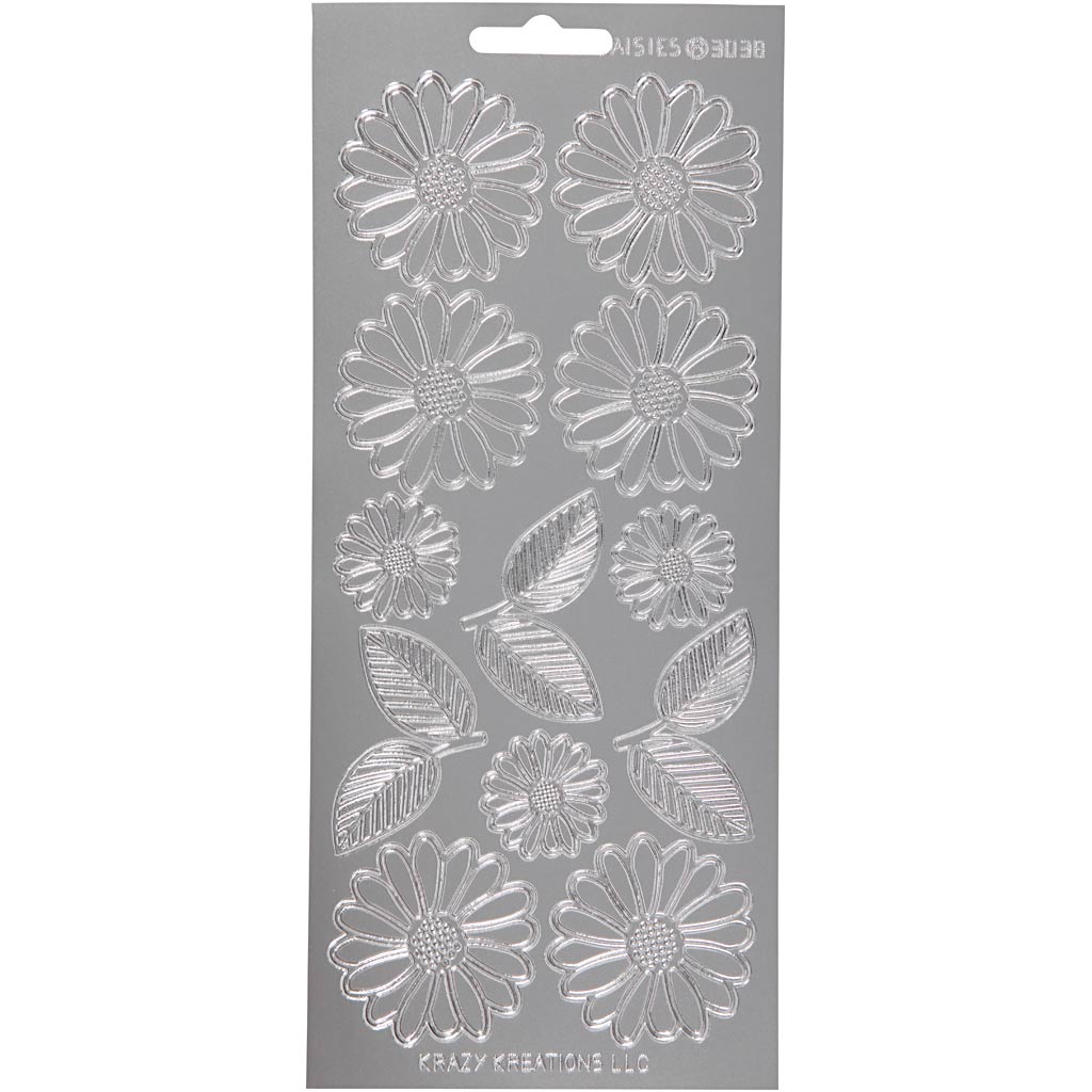 Stickers, margrieten, vel 10x23 cm, zilver, 1 vel