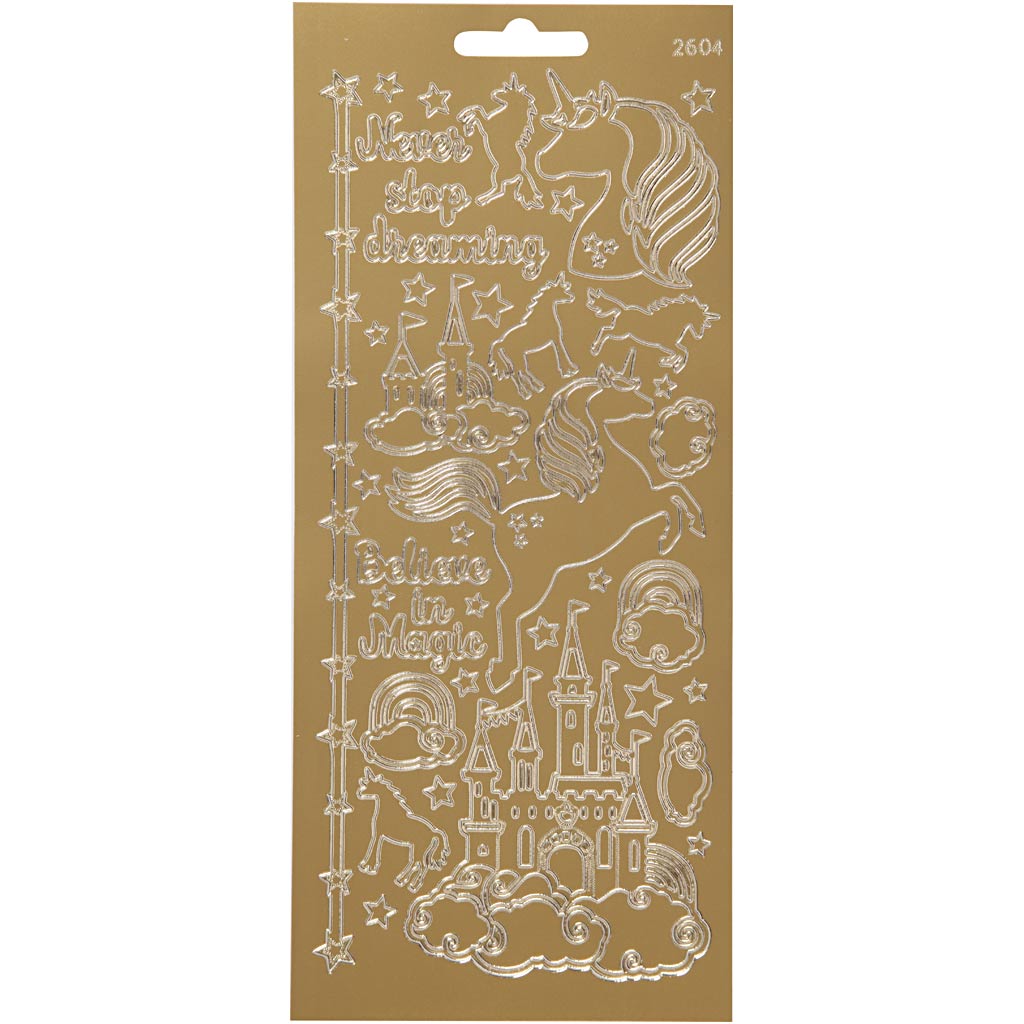 Stickers, unicorn, vel 10x23 cm, goud, 1 vel