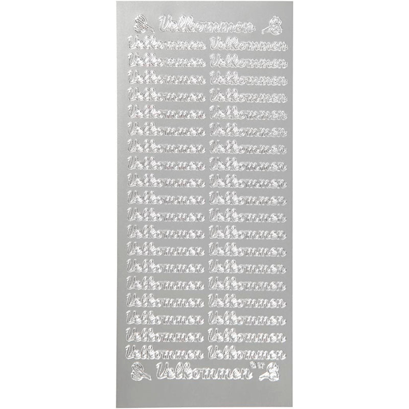 Stickers, velkommen, vel 10x23 cm, zilver, 1 vel