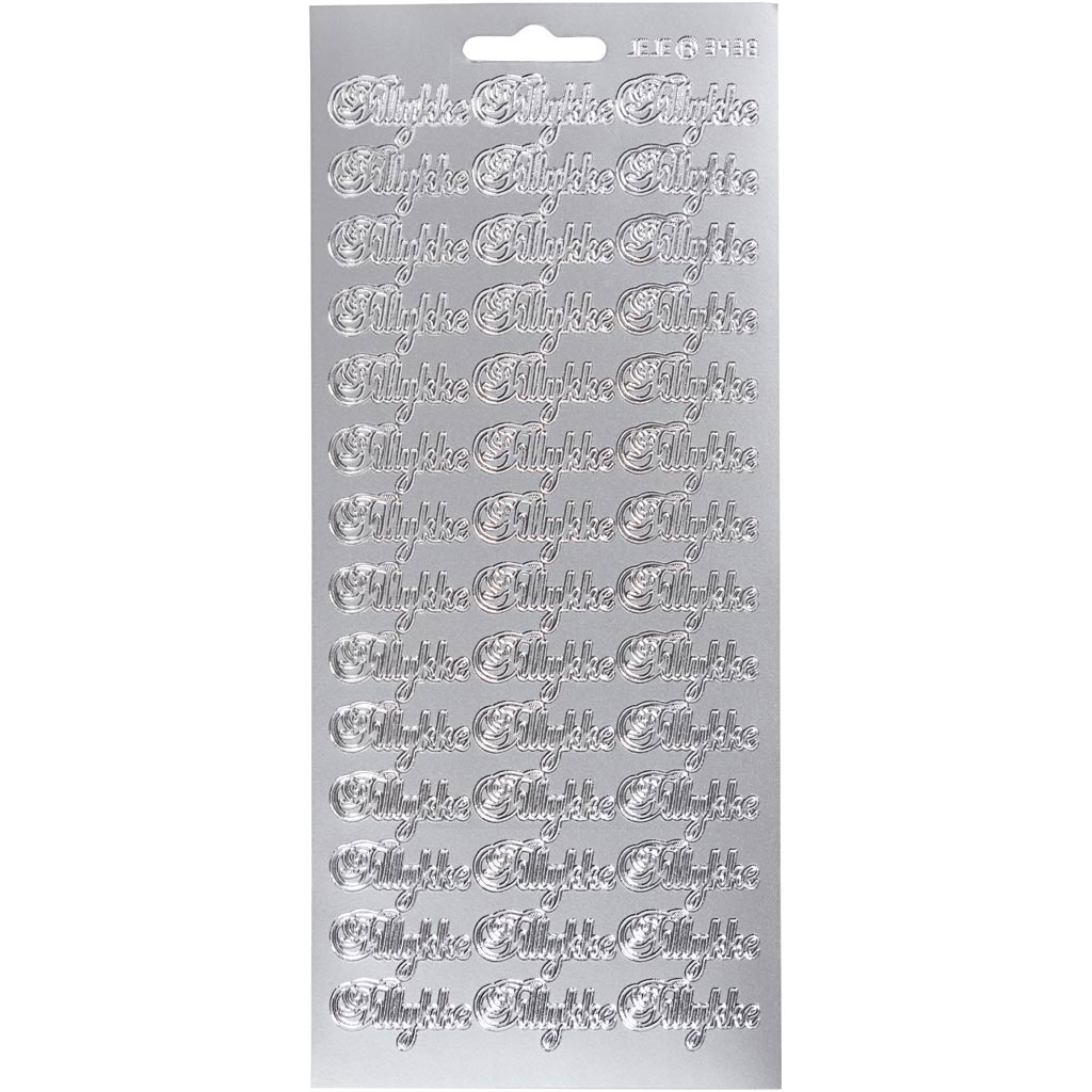 Stickers, tillykke, vel 10x23 cm, zilver, 1 vel
