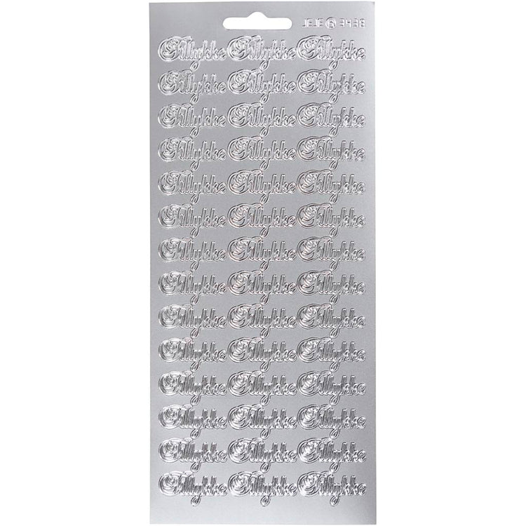 Stickers, tillykke, vel 10x23 cm, zilver, 1 vel