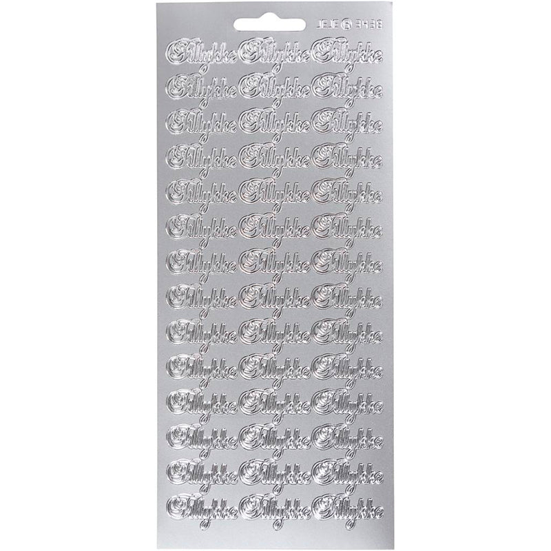 Stickers, tillykke, vel 10x23 cm, zilver, 1 vel