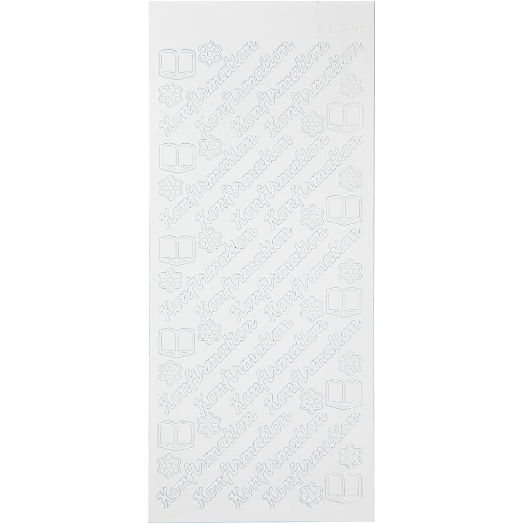 Stickers, konfirmation, vel 10x23 cm, wit, 1 vel
