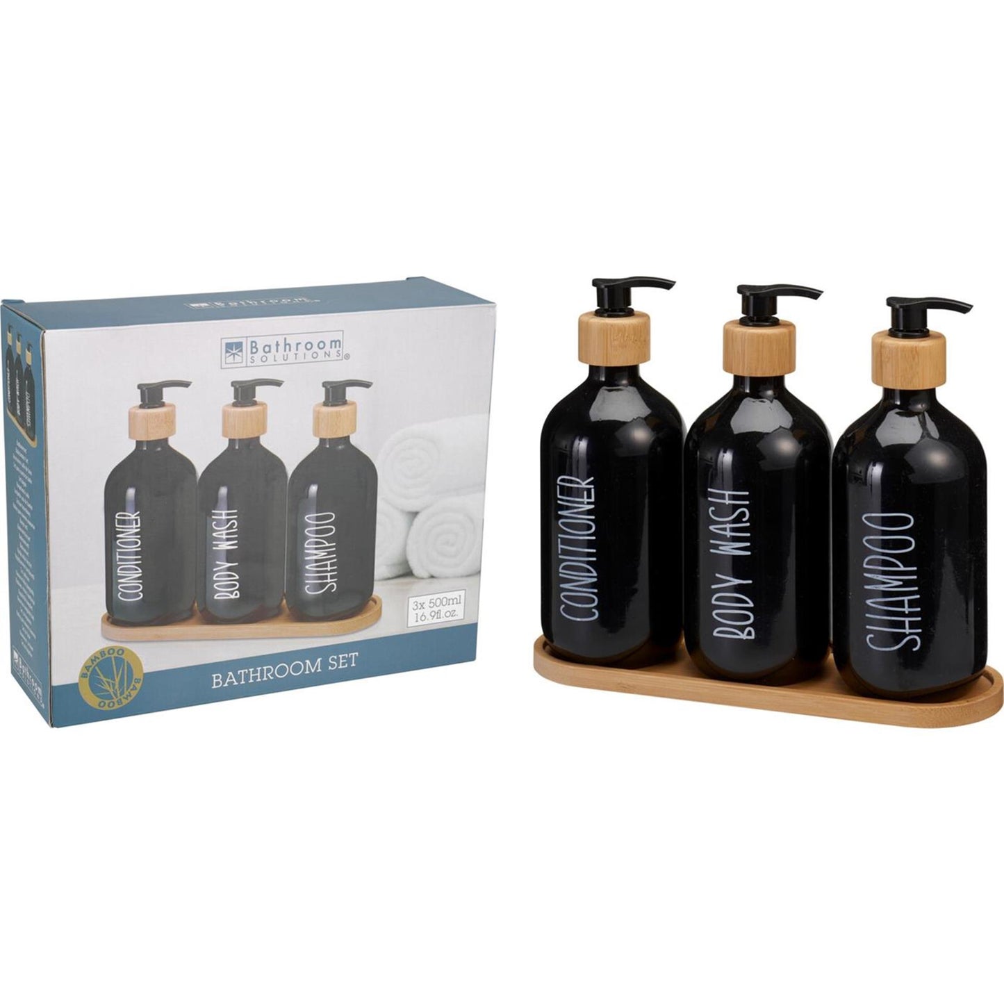 Bathroom solutions badkamer set van 3 kunststof flessen 500ml op plateau