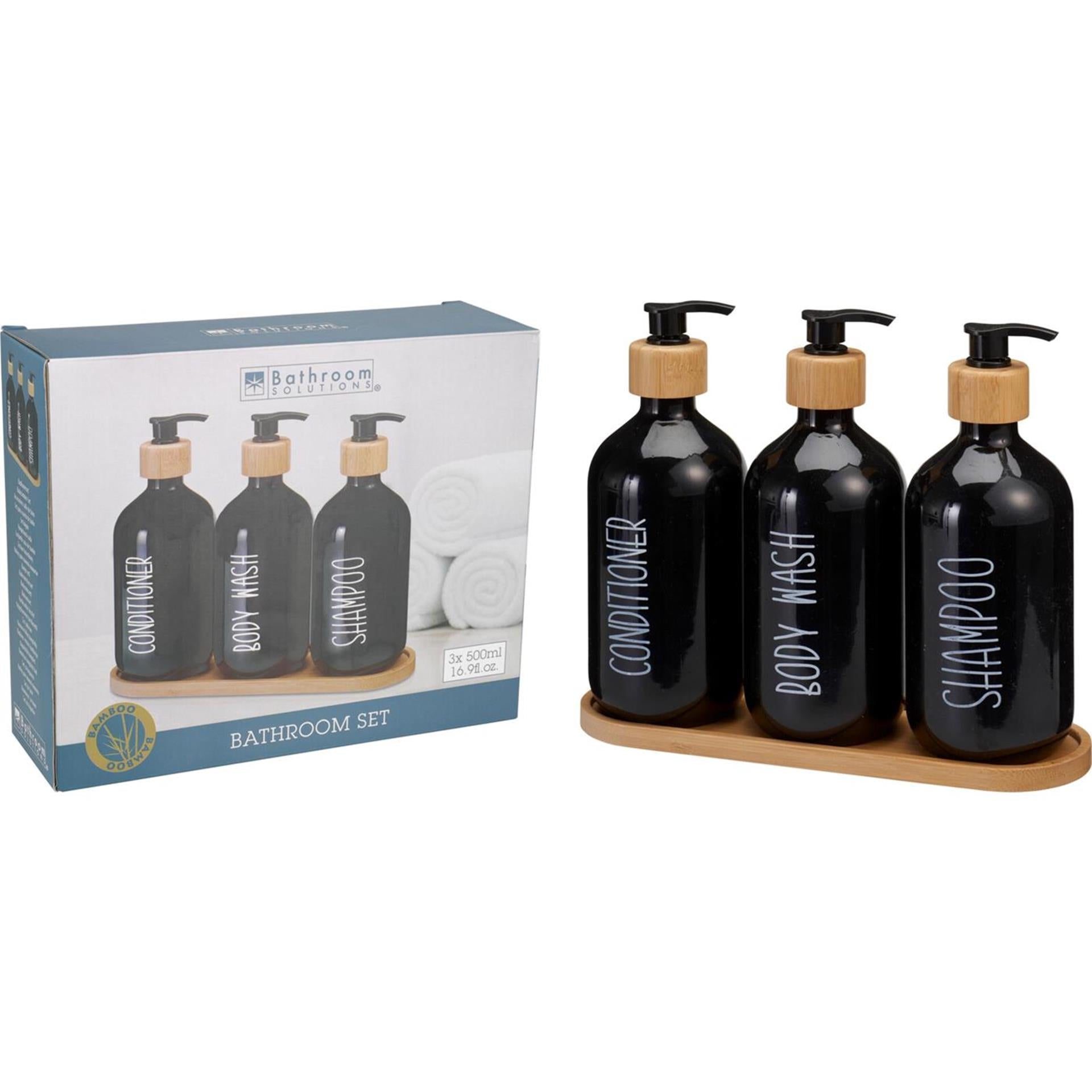 Bathroom solutions badkamer set van 3 kunststof flessen 500ml op plateau