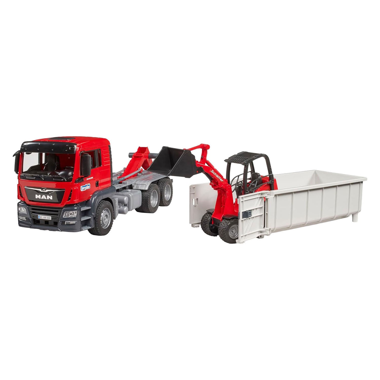 Bruder , miniatuurauto van de man tgs vrachtwagen met container, rood