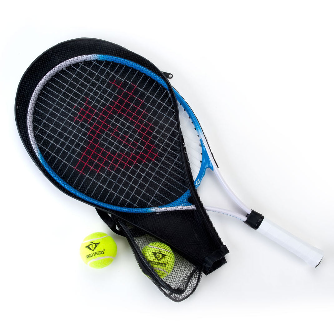 Tennisracket met hoes en 2 ballen - blauw