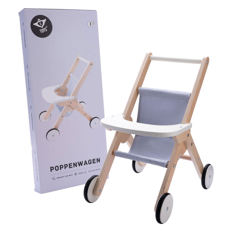 Houten poppenwandelwagen grijs blauw