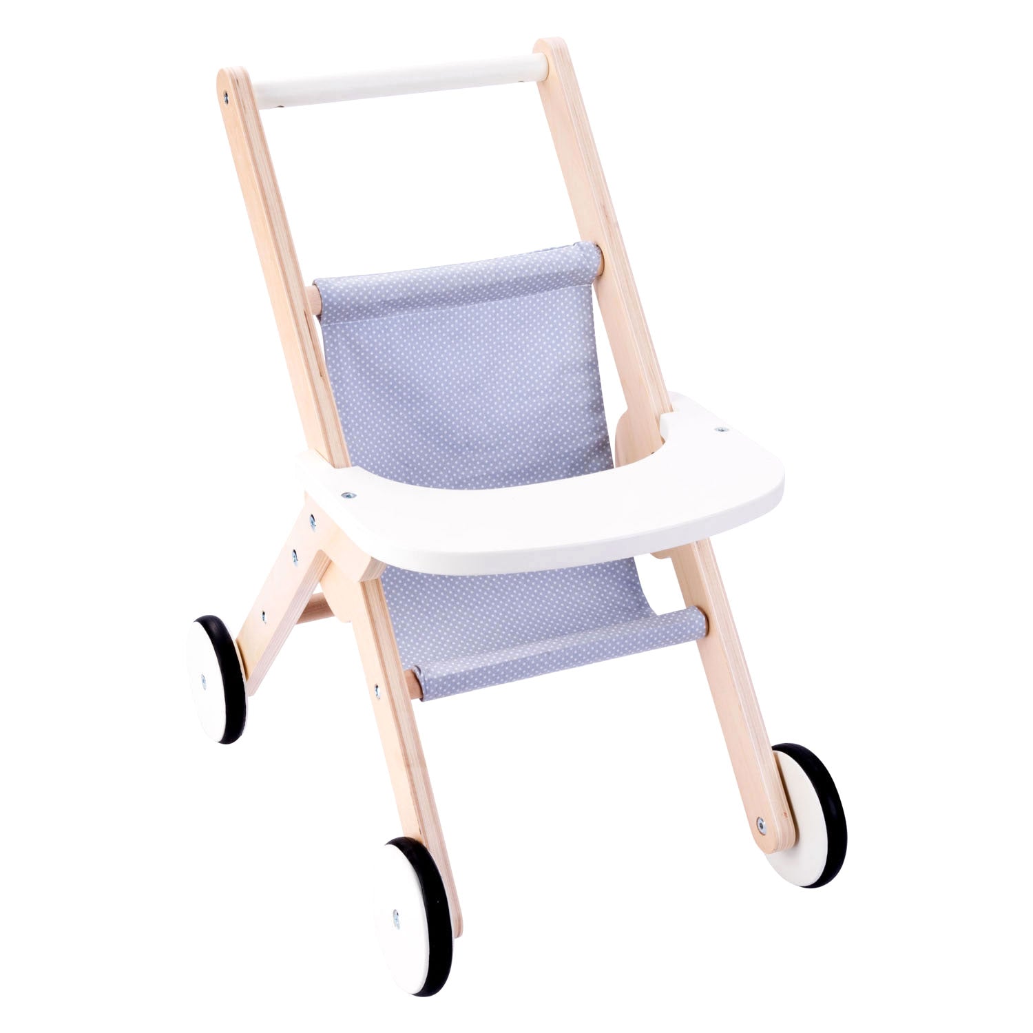 Houten poppenwandelwagen grijs blauw