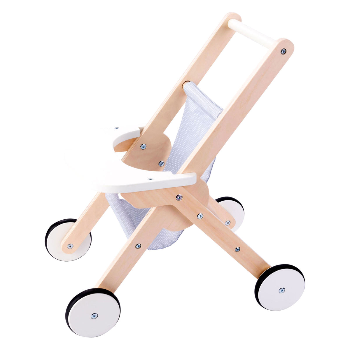 Houten poppenwandelwagen grijs blauw